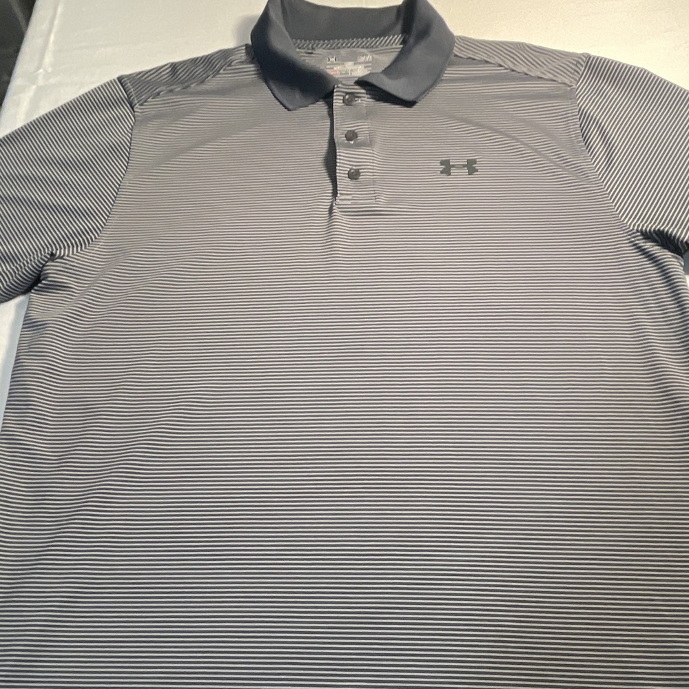 Under Armour Playoff Golf Polo Men LG/G/G Gray Black Striped SS Loose Wicking